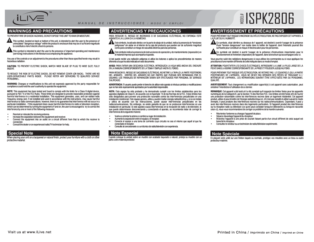 iLive manual MODEL# ISPK2806, Warnings And Precautions, Advertencias Y Precauciones, Avertissement Et Précautions 
