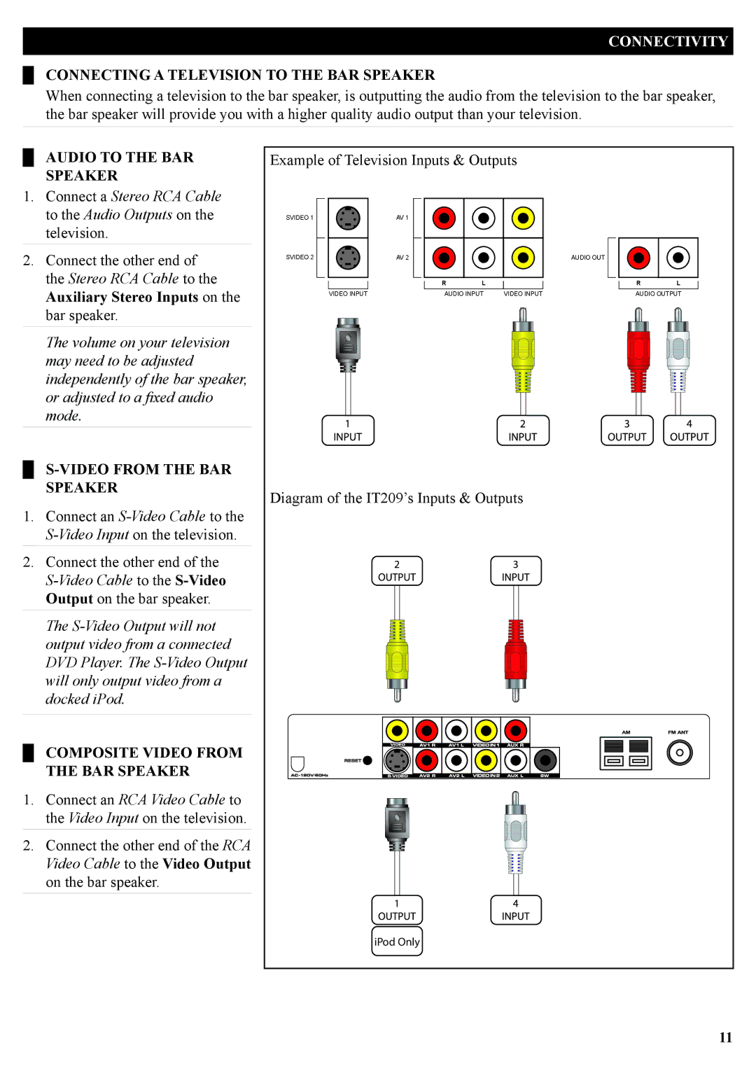 iLive IT209B manual Connecting a Television to the BAR Speaker, Audio to the BAR Speaker, Video from the BAR Speaker 