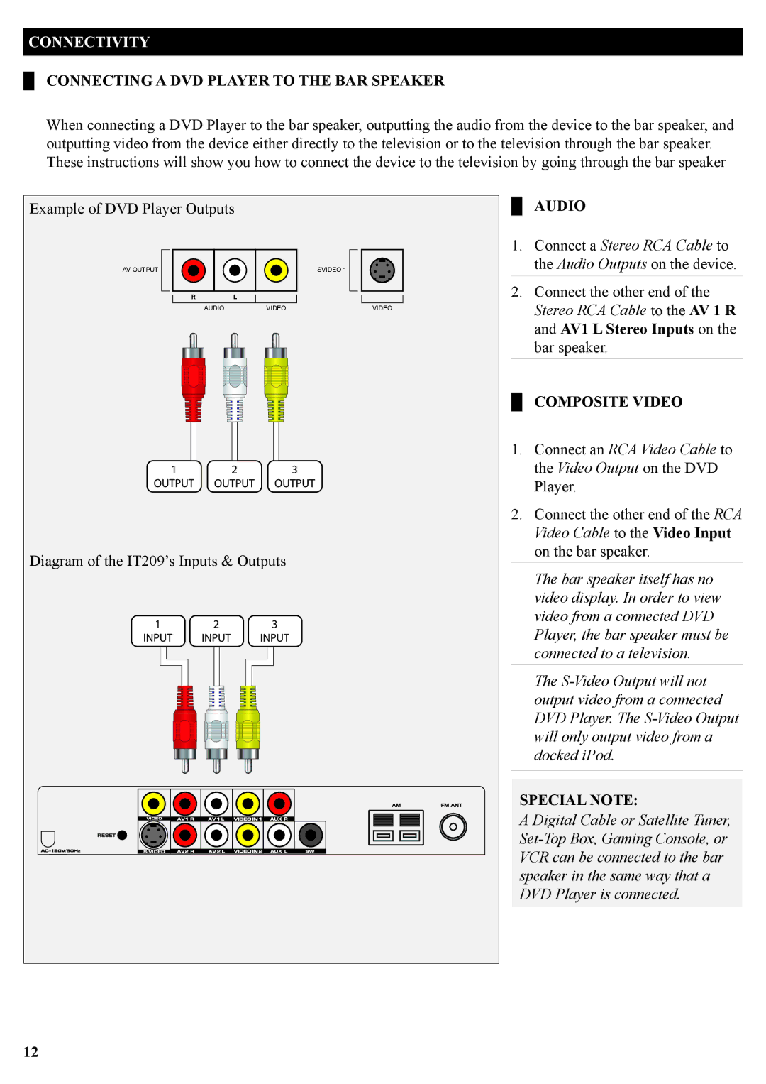 iLive IT209B manual Connecting a DVD Player to the BAR Speaker, Audio, Composite Video, Special Note 