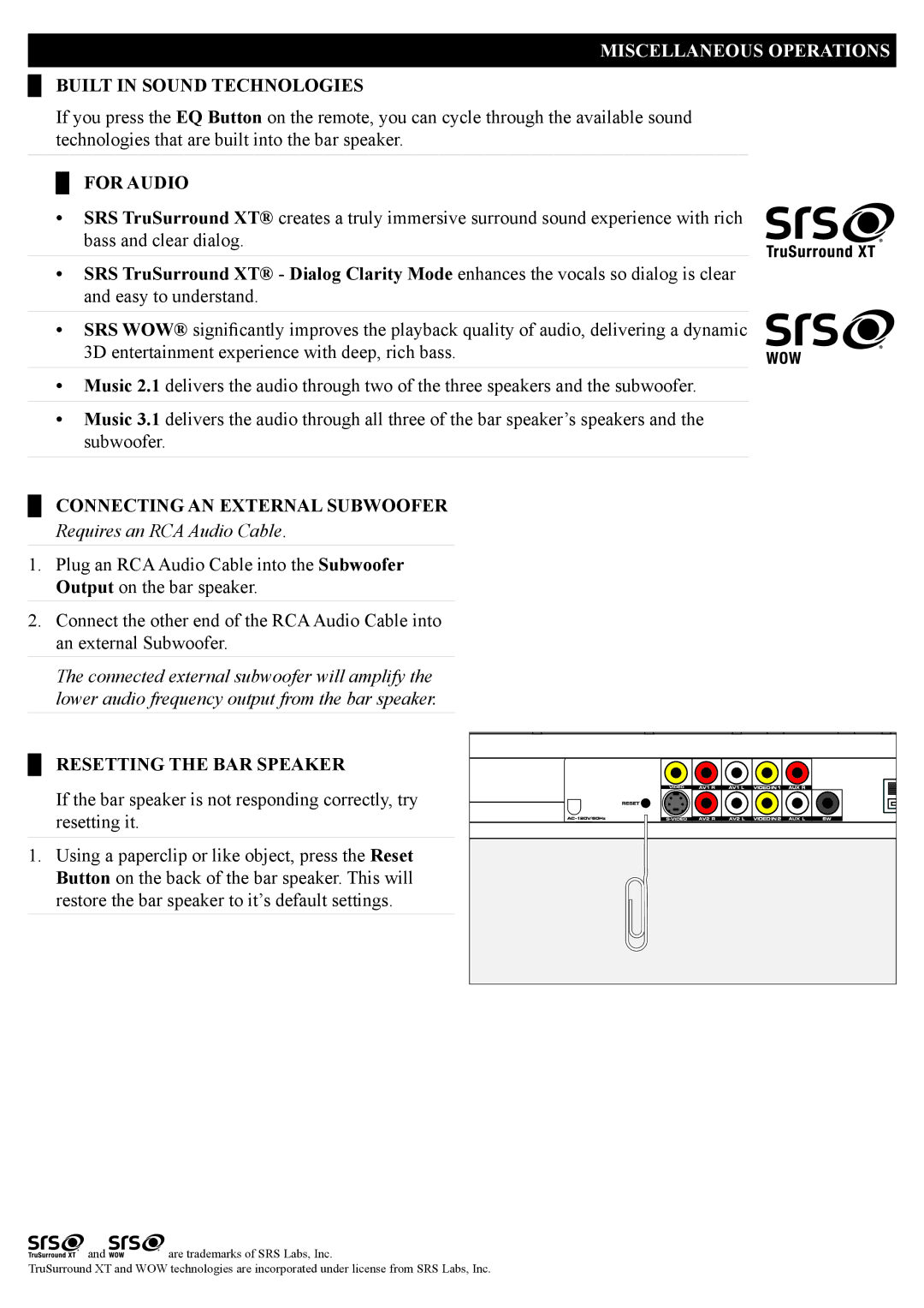 iLive IT209B manual Miscellaneous Operations, Built in Sound Technologies, For Audio, Connecting AN External Subwoofer 