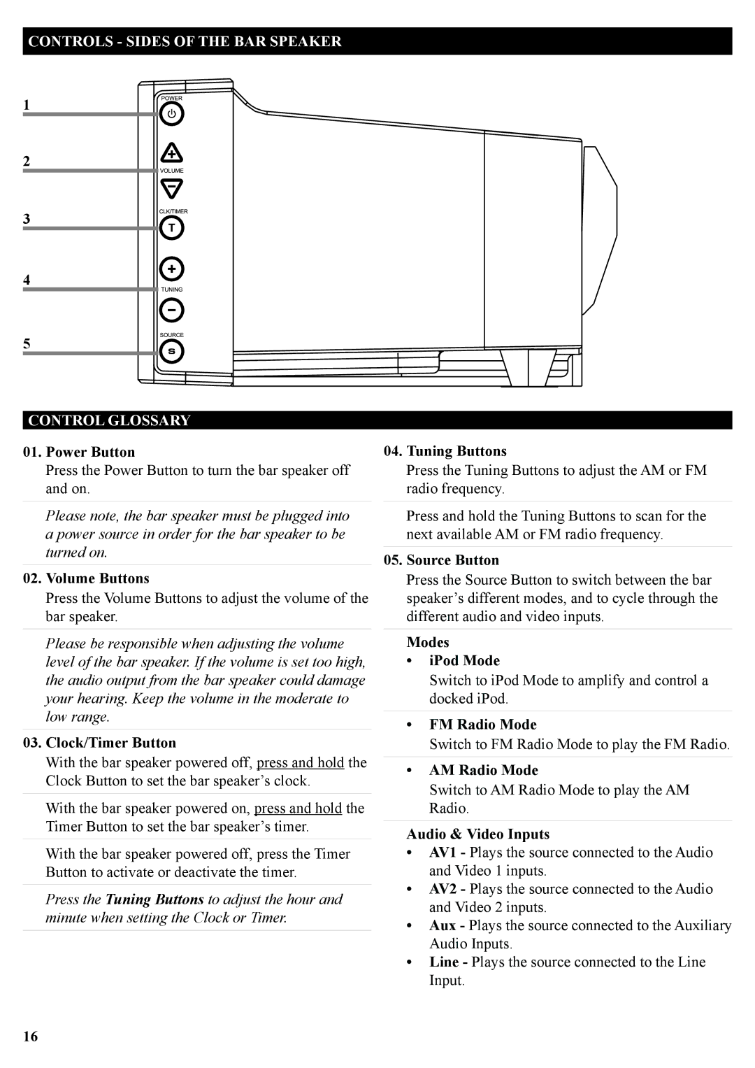 iLive IT209B manual Controls Sides of the BAR Speaker Control Glossary 