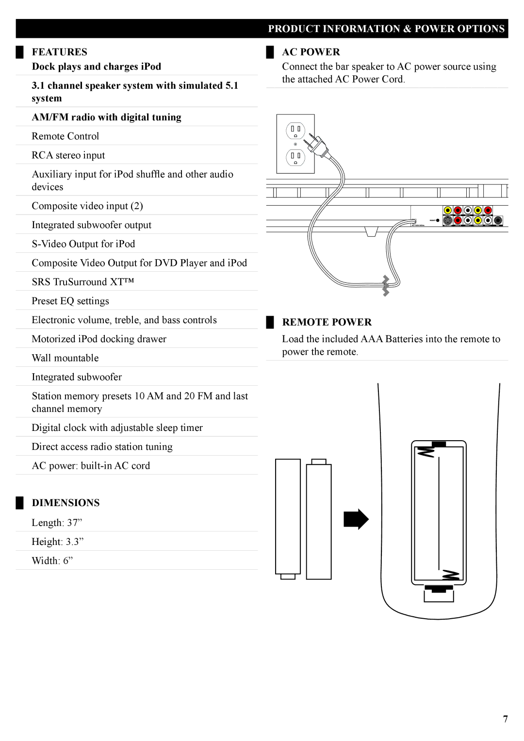 iLive IT209B manual Features, Dimensions, Product Information & Power Options, AC Power, Remote Power 