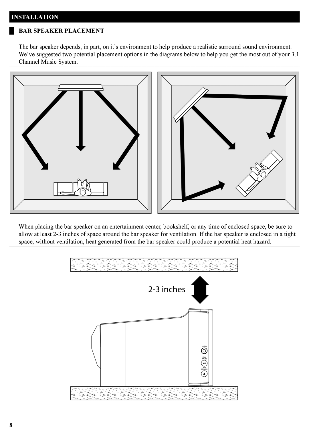 iLive IT209B manual Installation, BAR Speaker Placement 