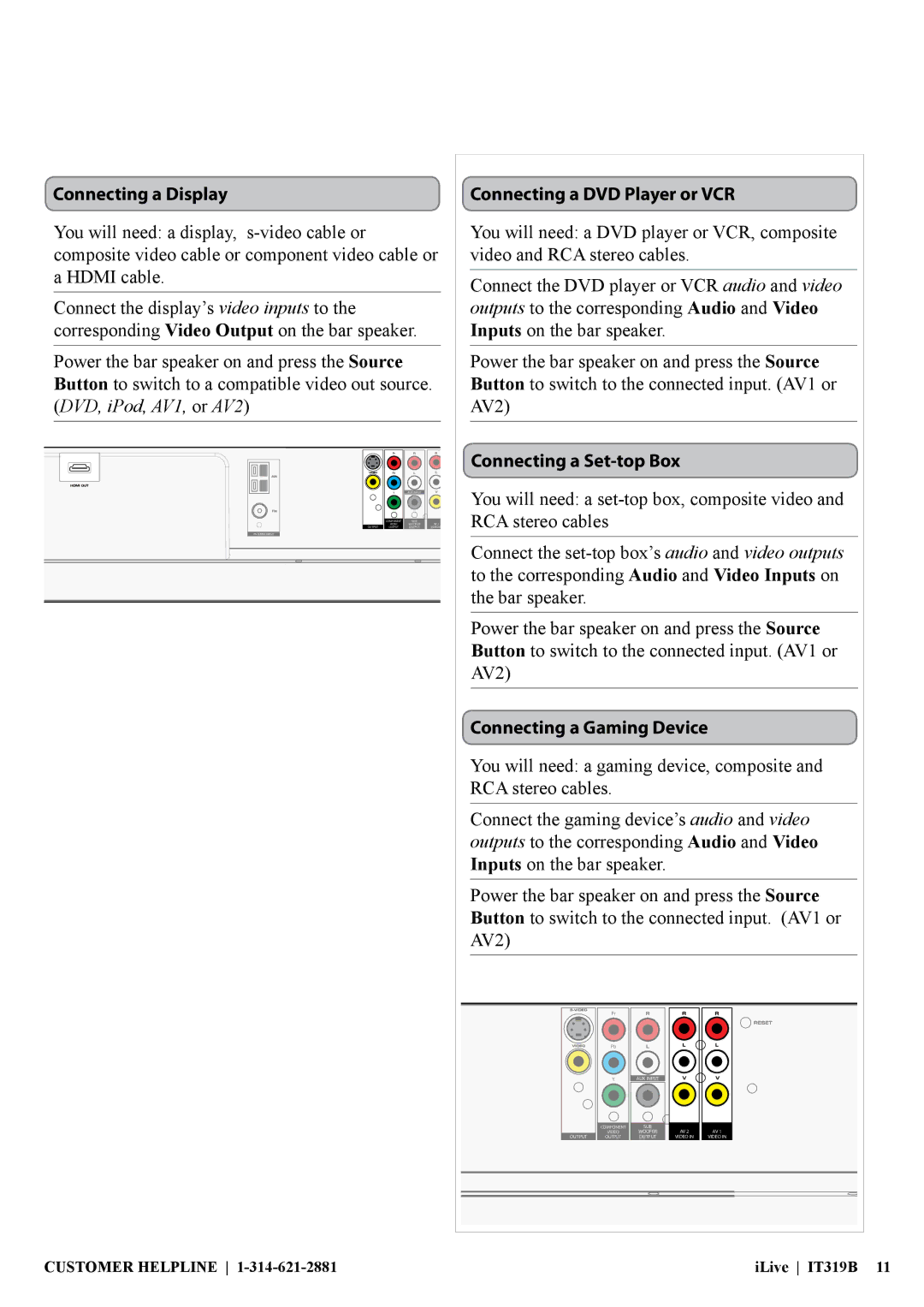 iLive IT319 Connecting a Display, Connecting a DVD Player or VCR, Connecting a Set-top Box, Connecting a Gaming Device 