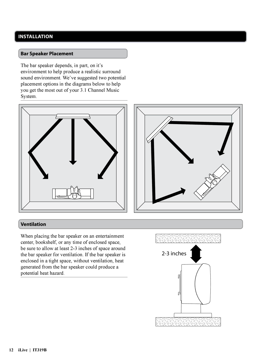 iLive IT319 manual Installation, Bar Speaker Placement 