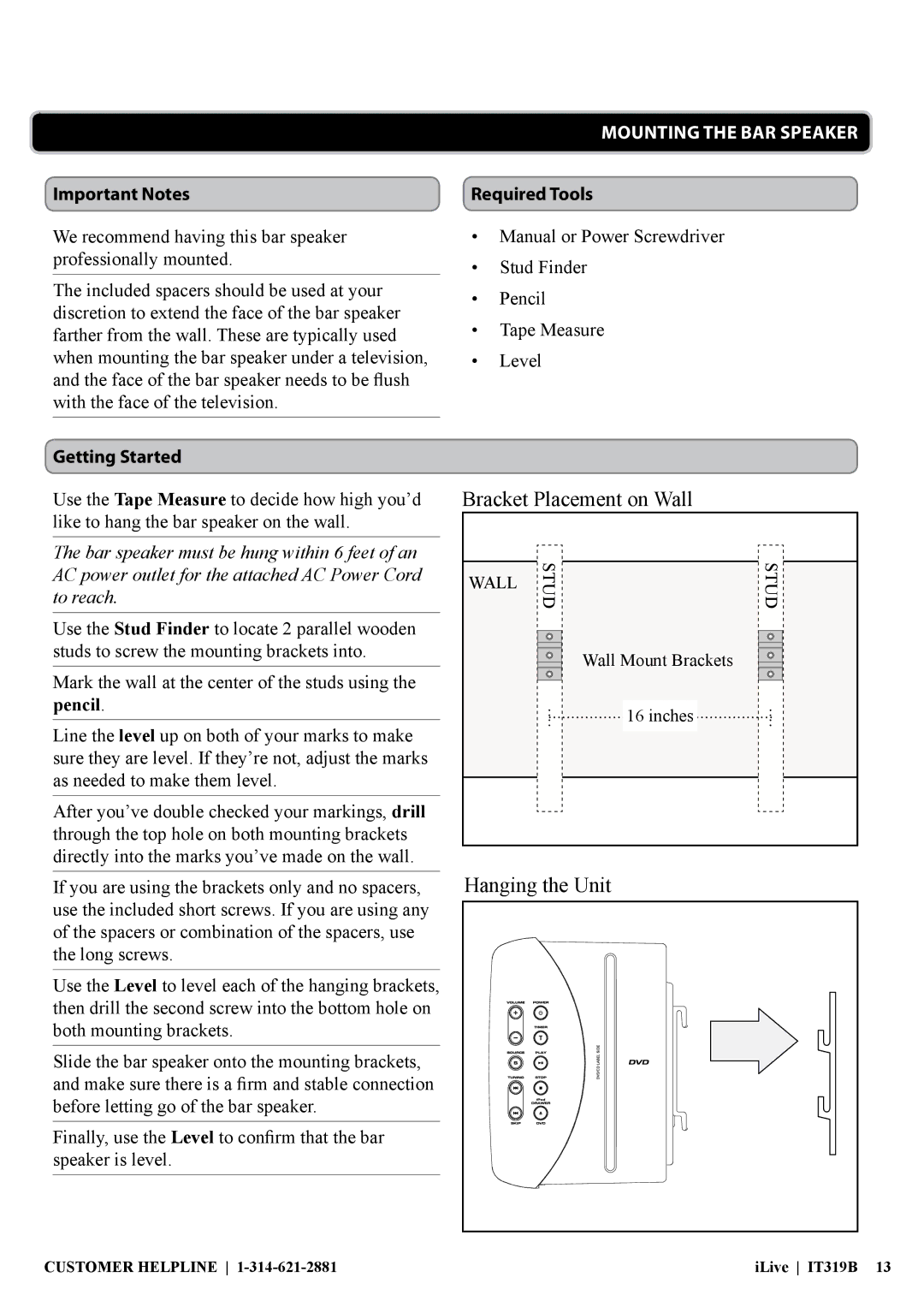 iLive IT319 manual Mounting the Bar Speaker, Important Notes, Required Tools, Getting Started 