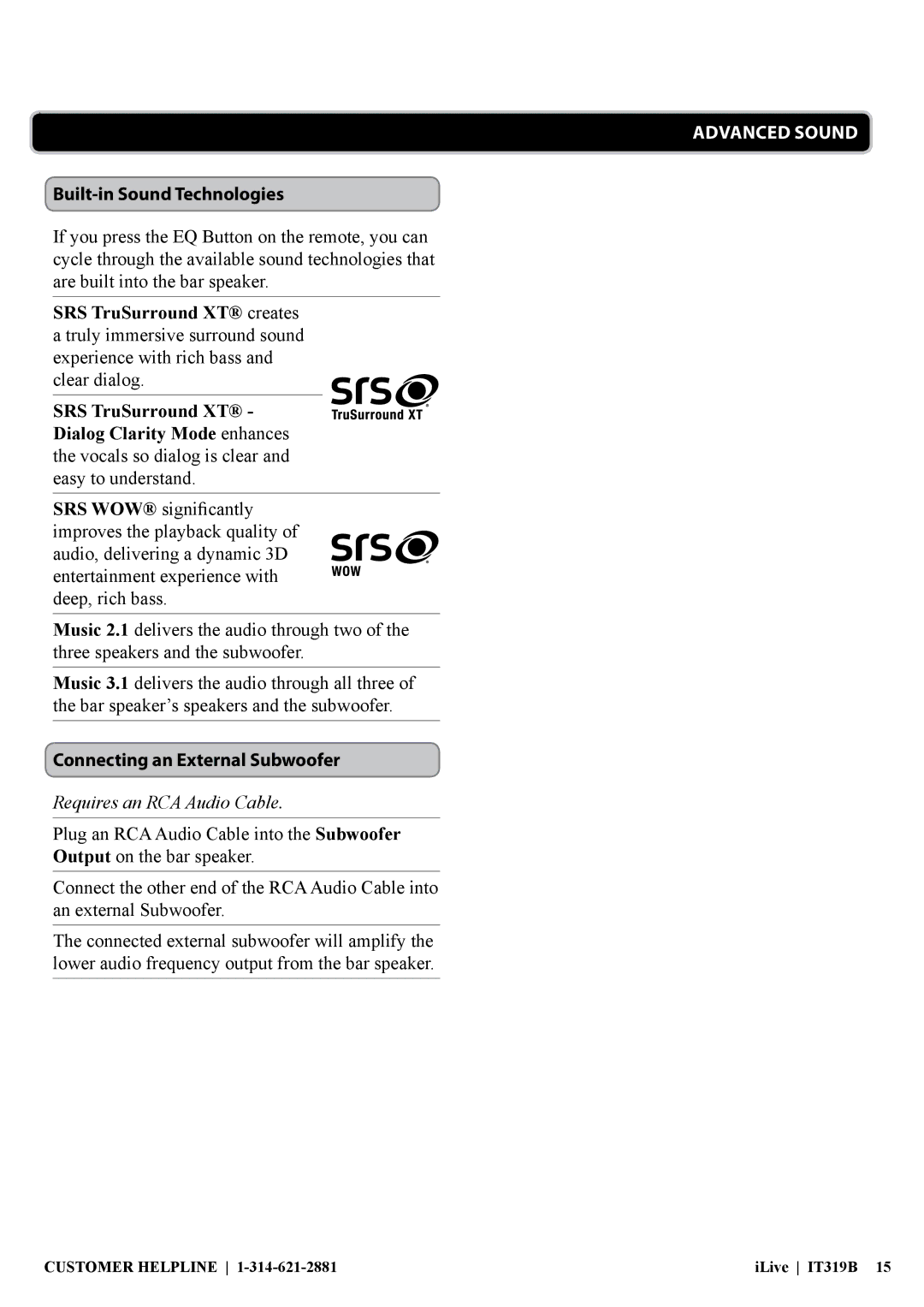 iLive IT319 manual Advanced Sound, Built-in Sound Technologies, Connecting an External Subwoofer 