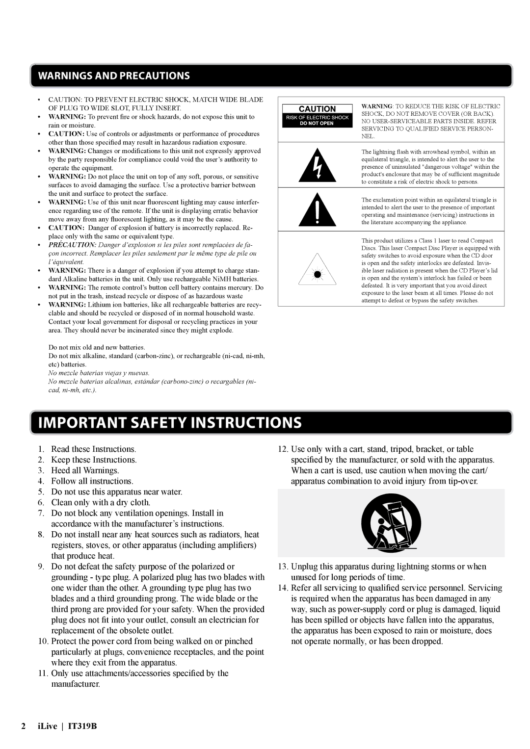 iLive IT319 manual Important Safety Instructions 