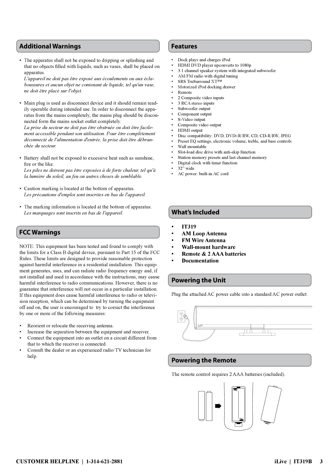 iLive IT319 manual Additional Warnings, FCC Warnings, Features, What’s Included, Powering the Unit, Powering the Remote 