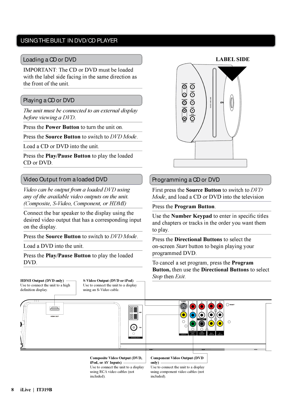 iLive IT319 manual Using the Built-In Dvd/CD Player, Loading a CD or DVD, Playing a CD or DVD 