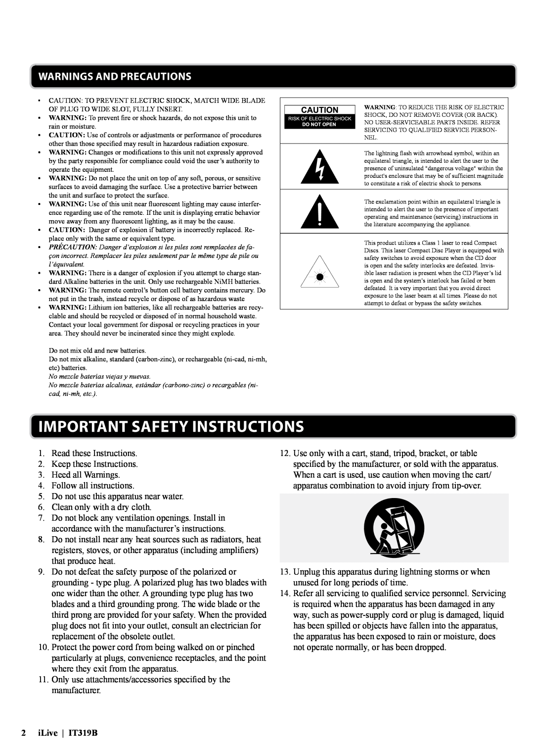 iLive manual Warnings and Precautions, Important Safety Instructions, iLive IT319B 