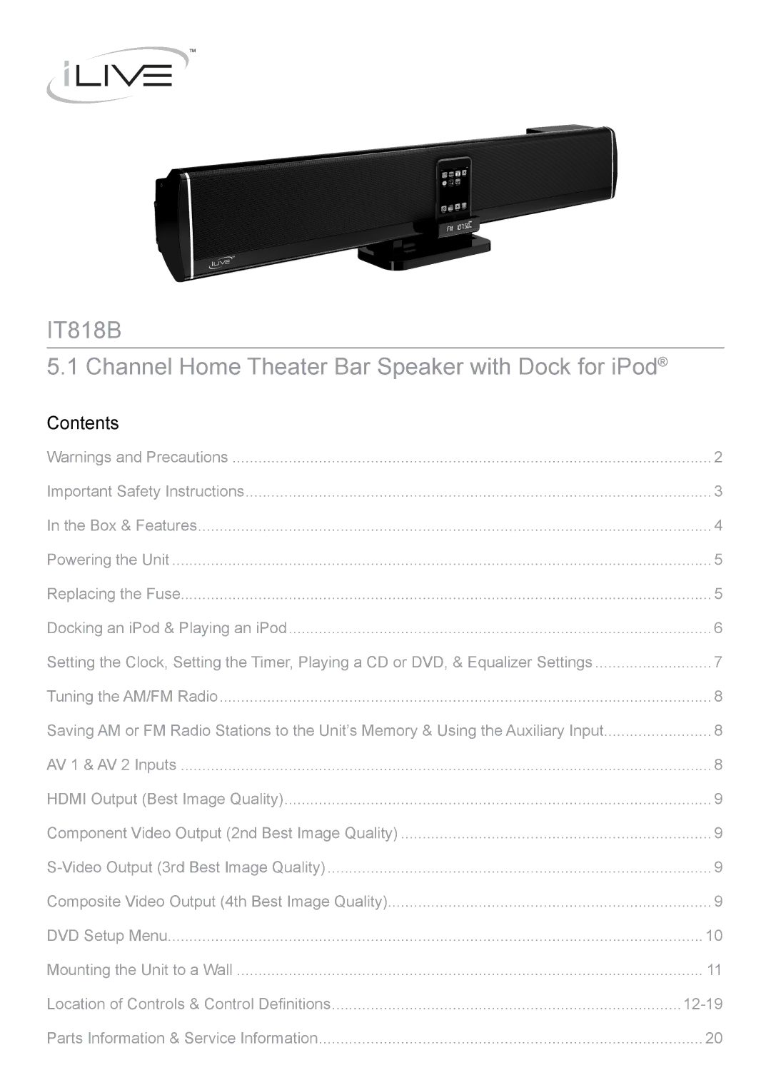 iLive important safety instructions IT818B Channel Home Theater Bar Speaker with Dock for iPod, Contents 