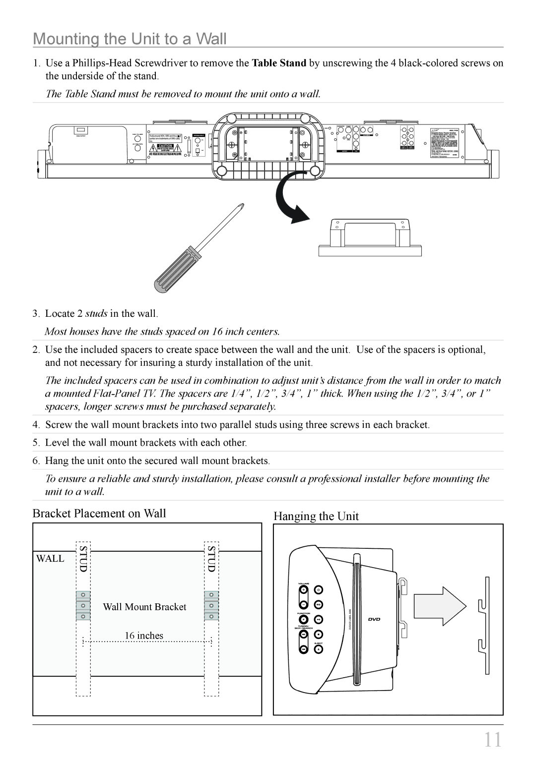 iLive IT818B Mounting the Unit to a Wall, Most houses have the studs spaced on 16 inch centers 