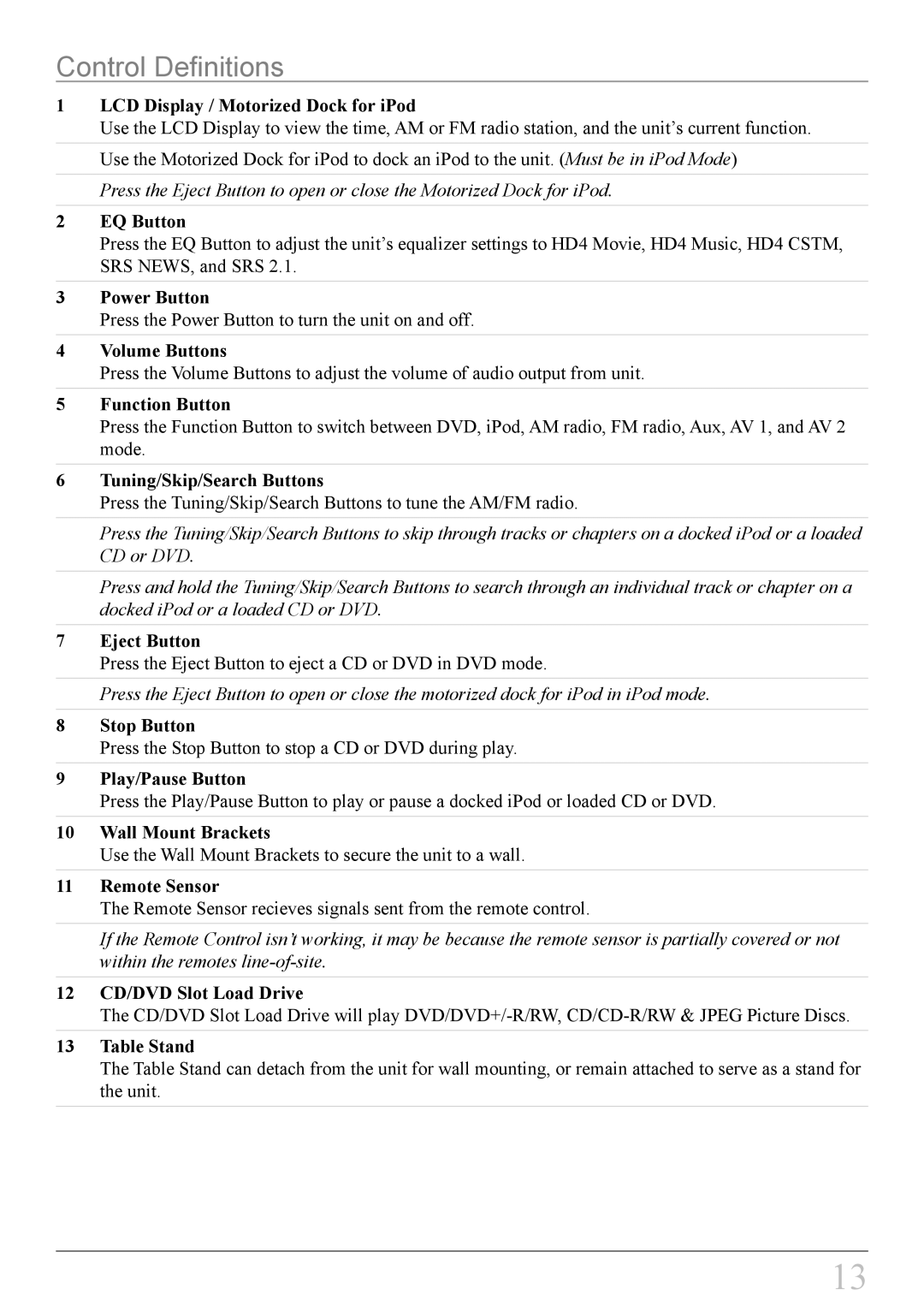 iLive IT818B important safety instructions Control Definitions 