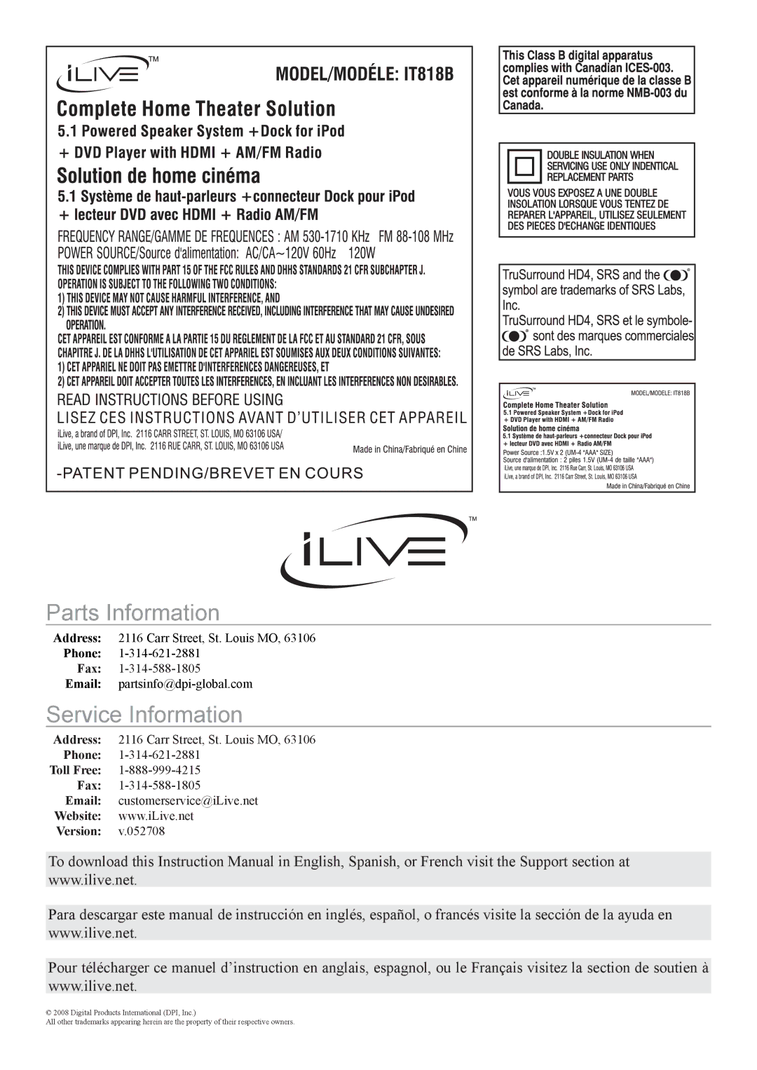 iLive IT818B important safety instructions Parts Information, Service Information 