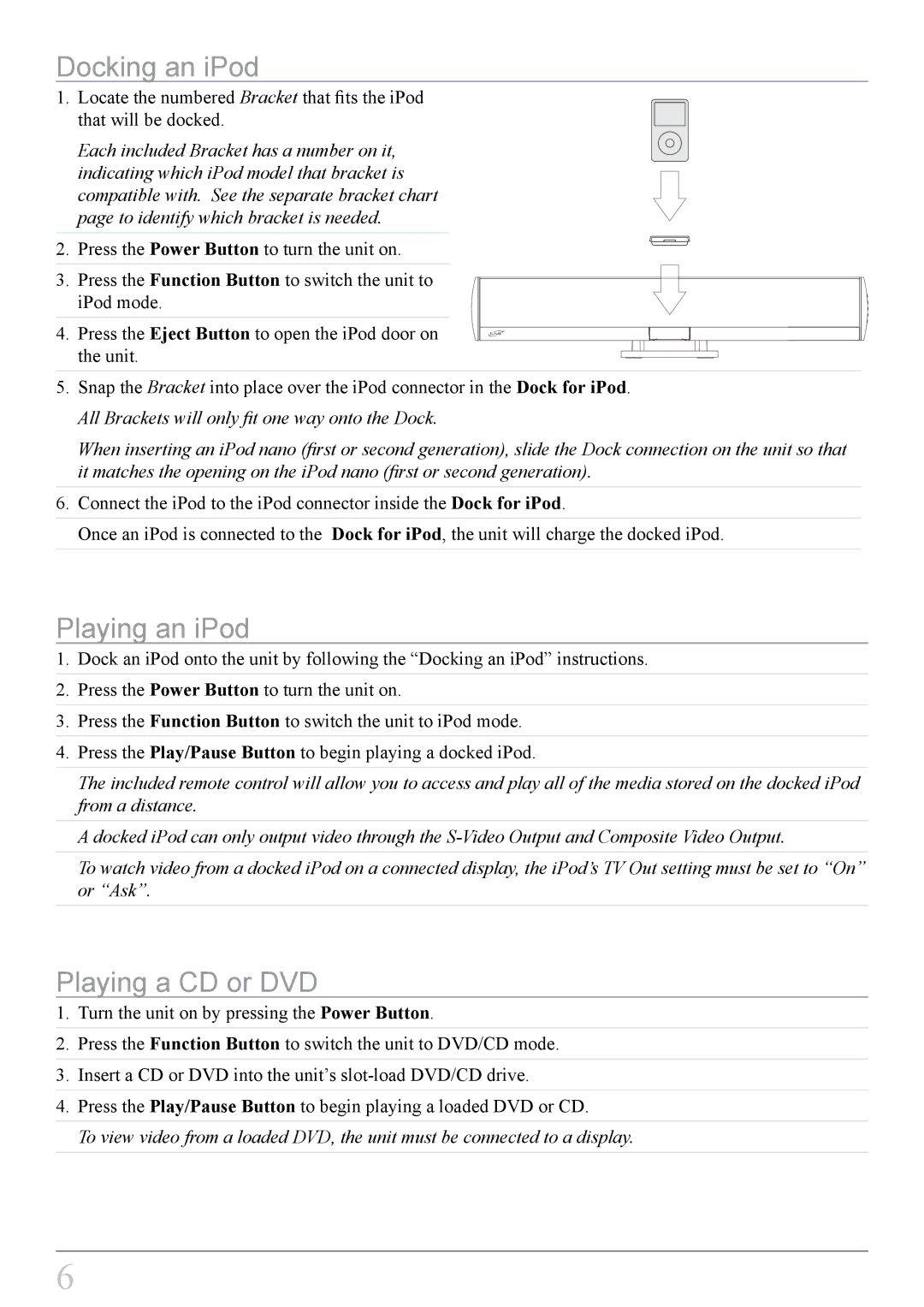 iLive IT818B important safety instructions Docking an iPod, Playing an iPod, Playing a CD or DVD 