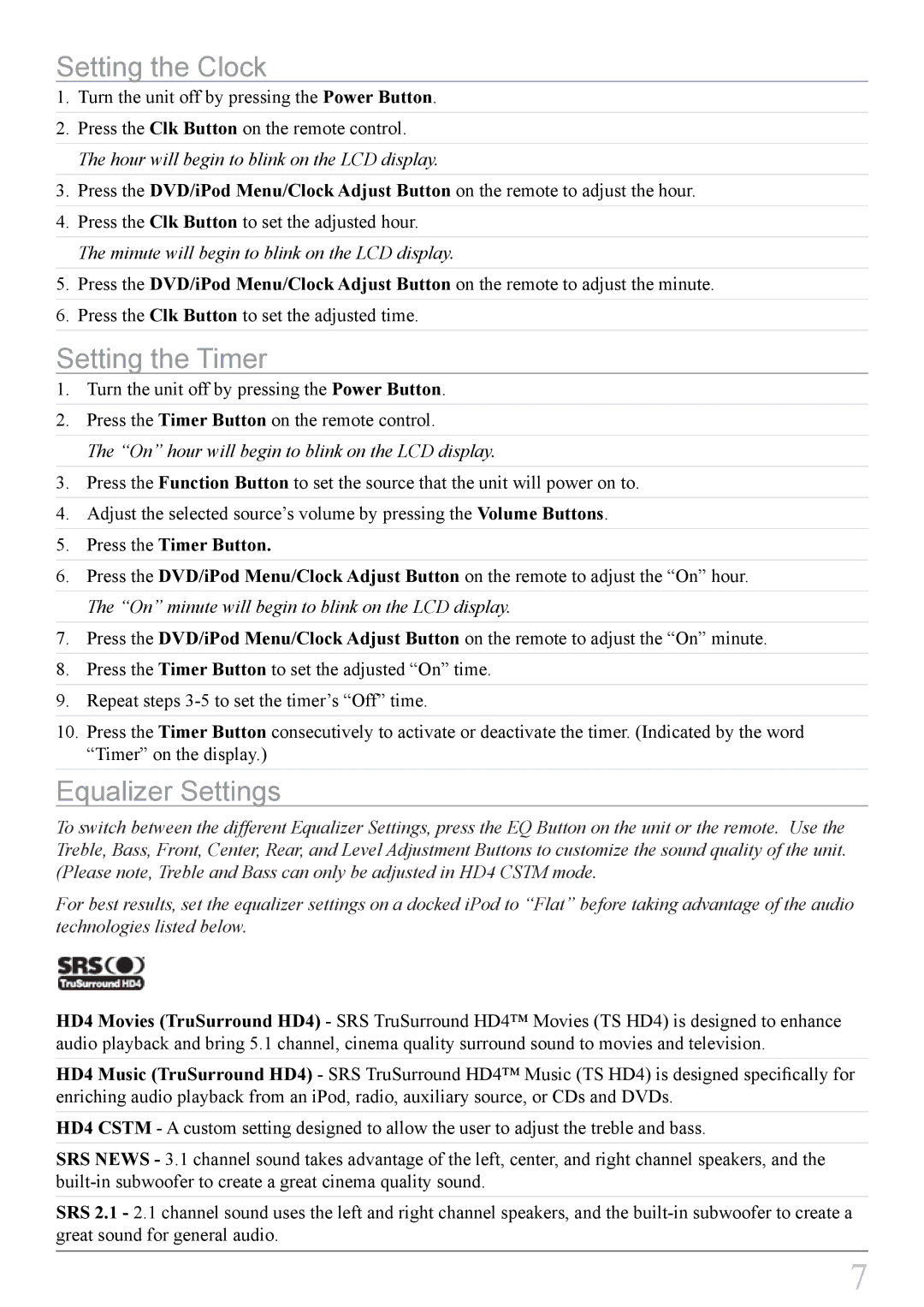 iLive IT818B important safety instructions Setting the Clock, Setting the Timer, Equalizer Settings, Press the Timer Button 