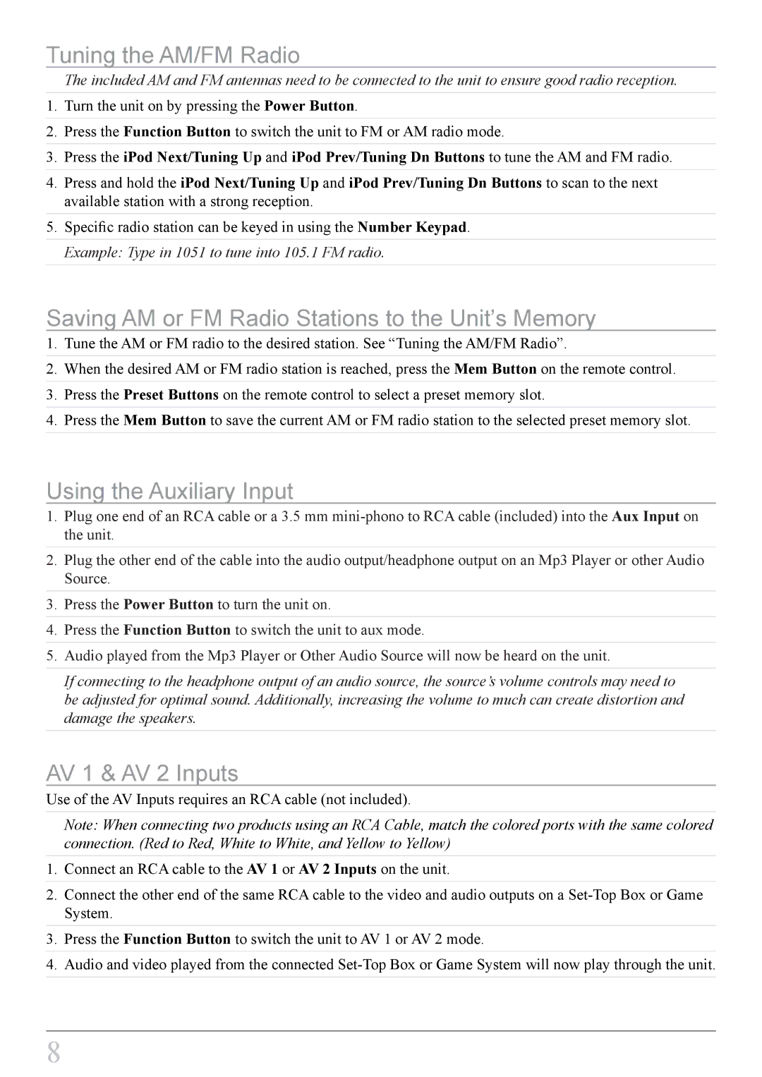 iLive IT818B Tuning the AM/FM Radio, Saving AM or FM Radio Stations to the Unit’s Memory, Using the Auxiliary Input 