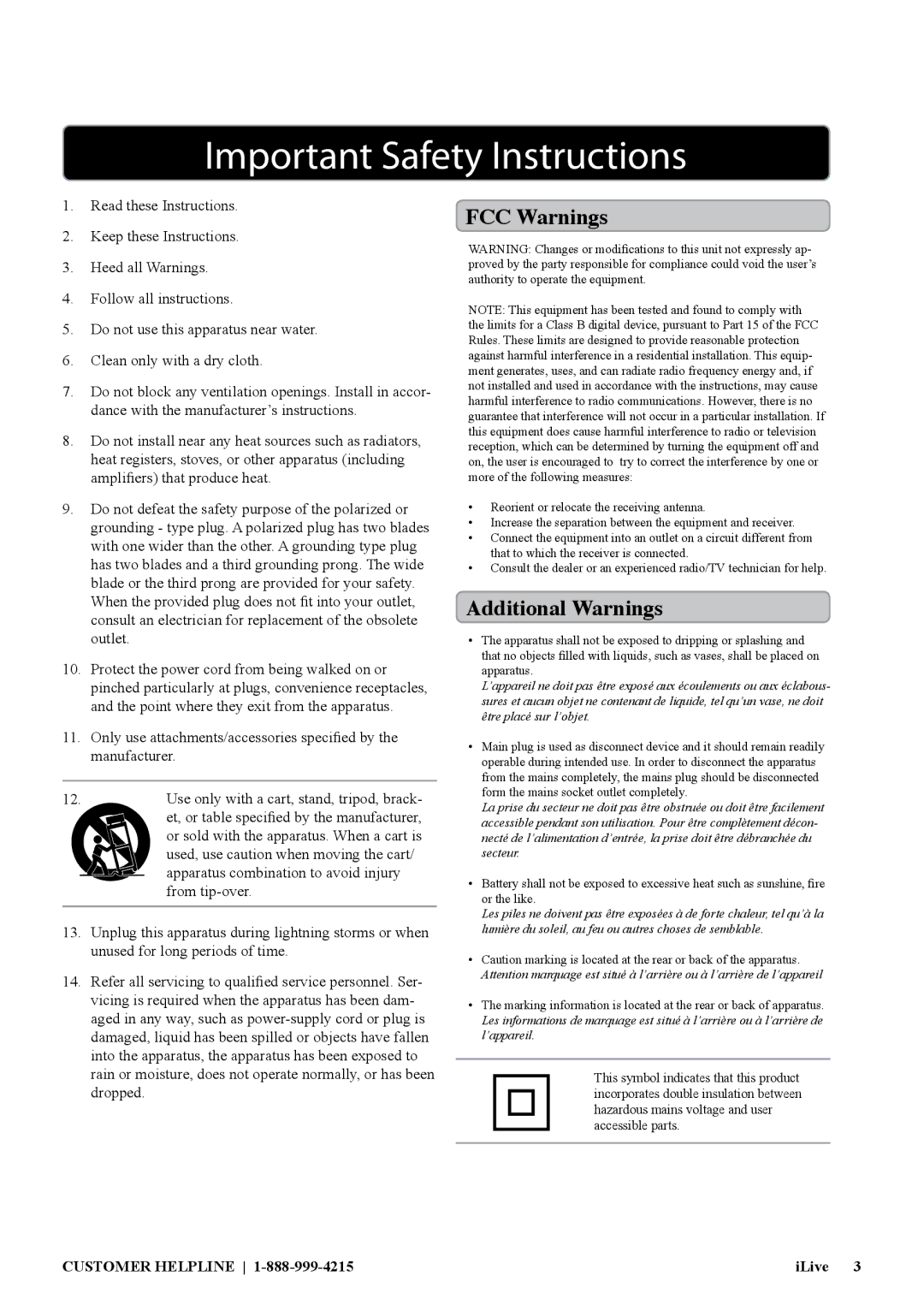 iLive ITP100B manual FCC Warnings, Additional Warnings 