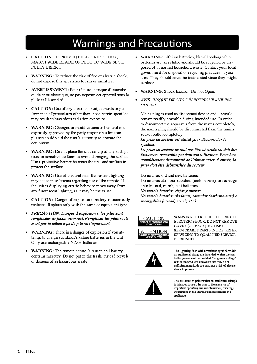iLive ITP100B manual Warnings and Precautions, 2iLive 