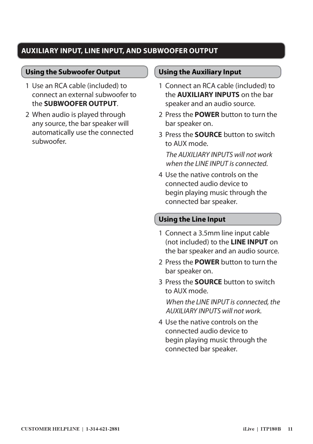 iLive ITP180B Auxiliary INPUT, Line INPUT, and Subwoofer Output, Using the Subwoofer Output, Using the Auxiliary Input 