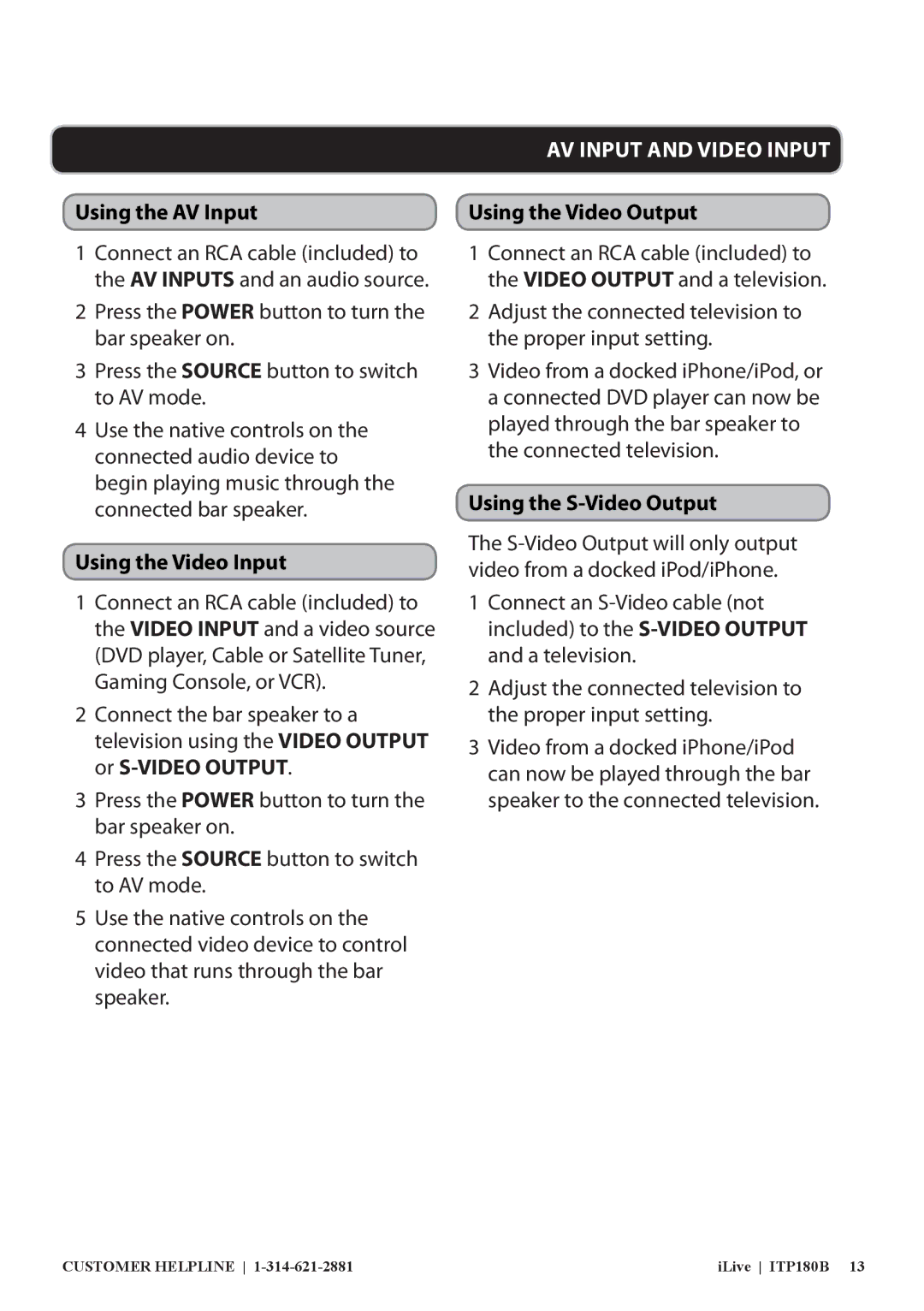 iLive ITP180B manual Using the AV Input, Using the Video Input, Using the Video Output, Using the S-Video Output 