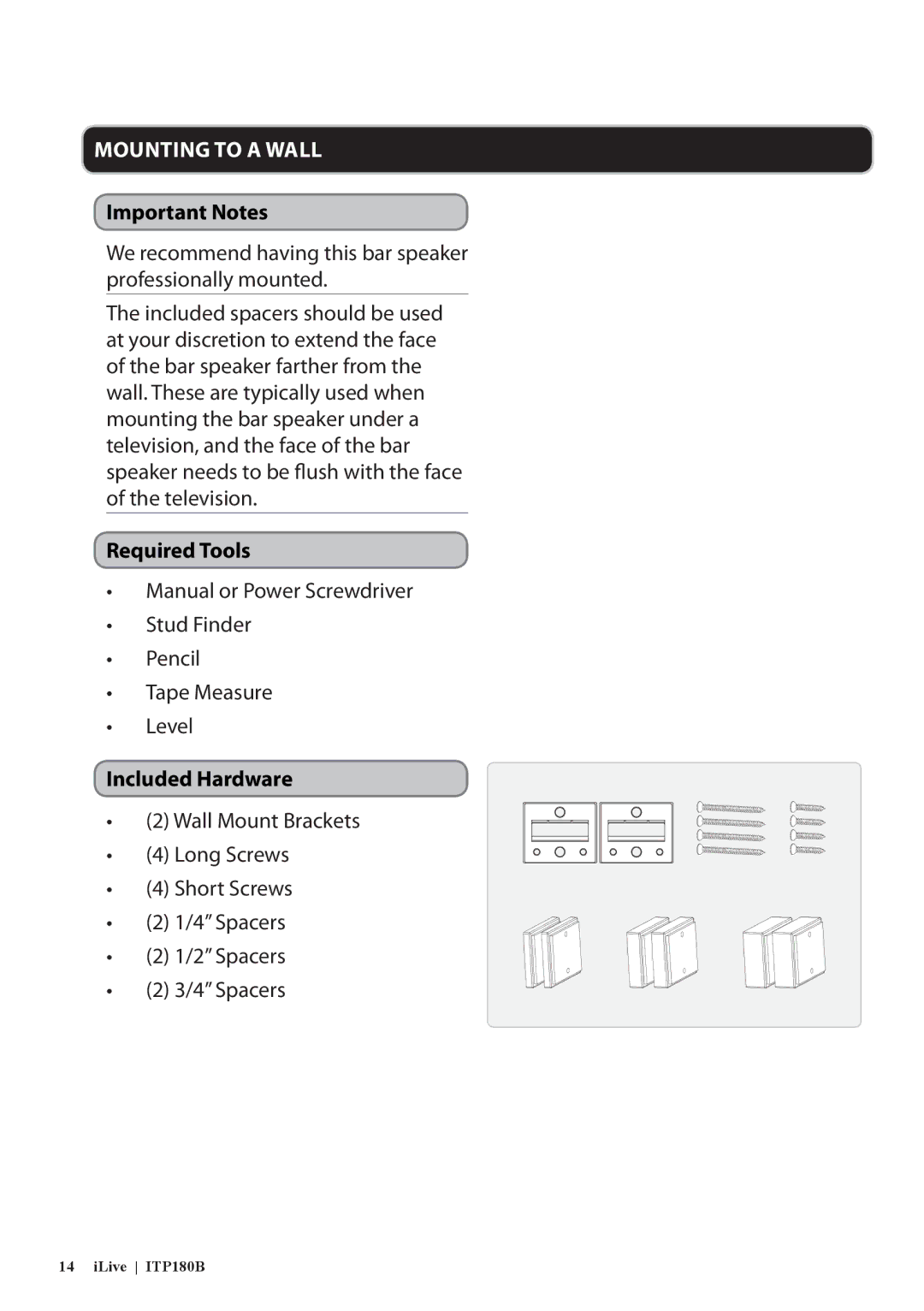 iLive ITP180B manual Important Notes, Required Tools, Included Hardware 