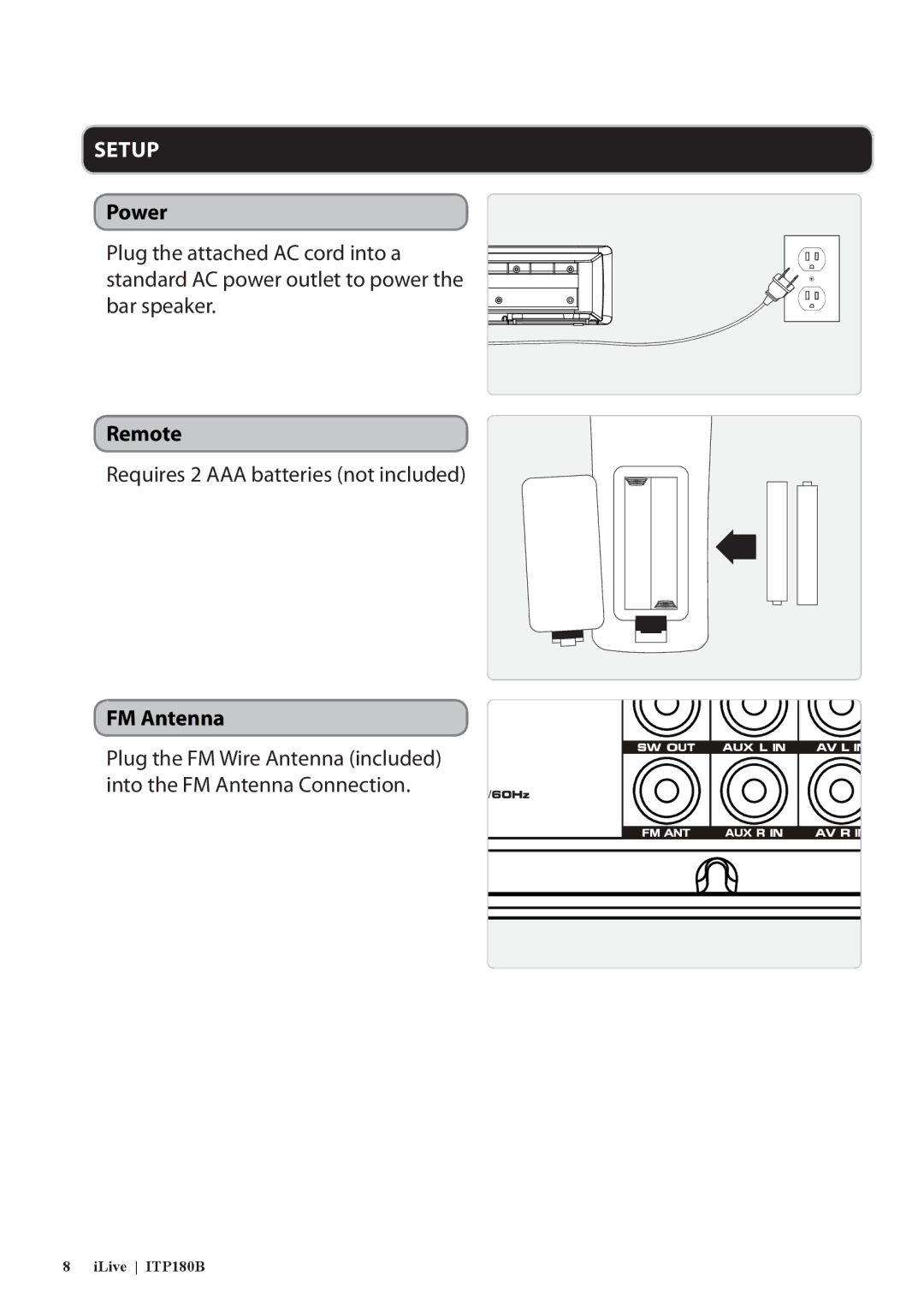 iLive ITP180B manual Power, Remote, FM Antenna 