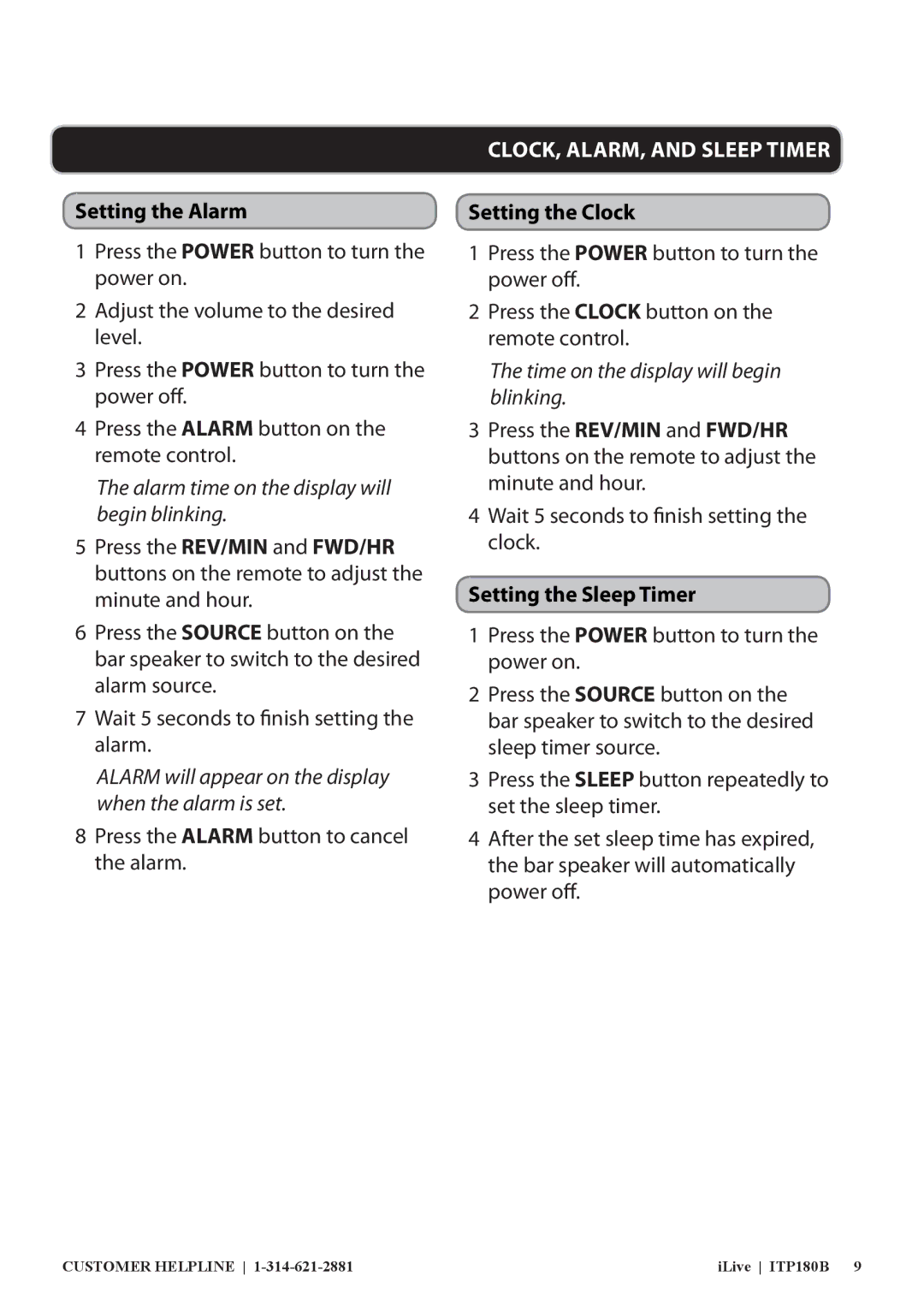 iLive ITP180B manual Setting the Alarm, Setting the Clock, Setting the Sleep Timer 