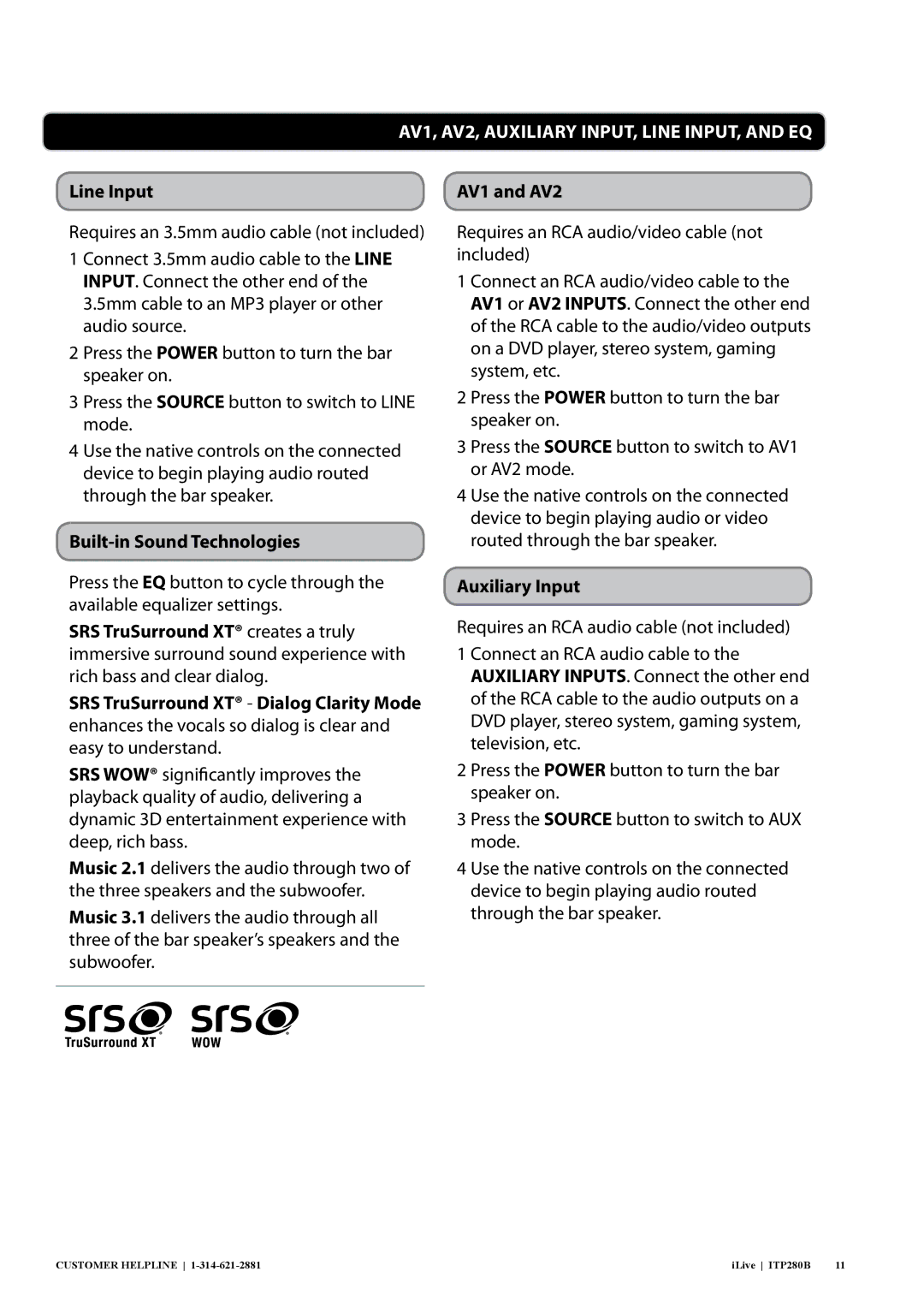 iLive ITP280B manual AV1, AV2, Auxiliary Input, Line INput, and EQ, Line Input, Built-in Sound Technologies, AV1 and AV2 