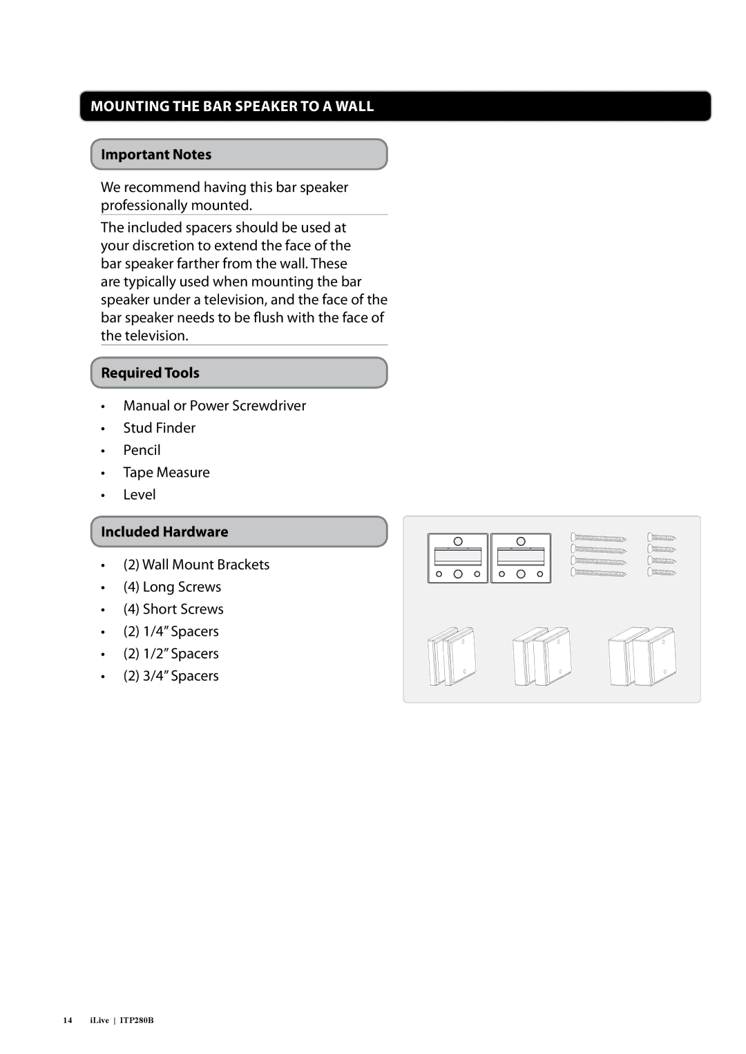 iLive ITP280B manual Important Notes, Required Tools, Included Hardware 