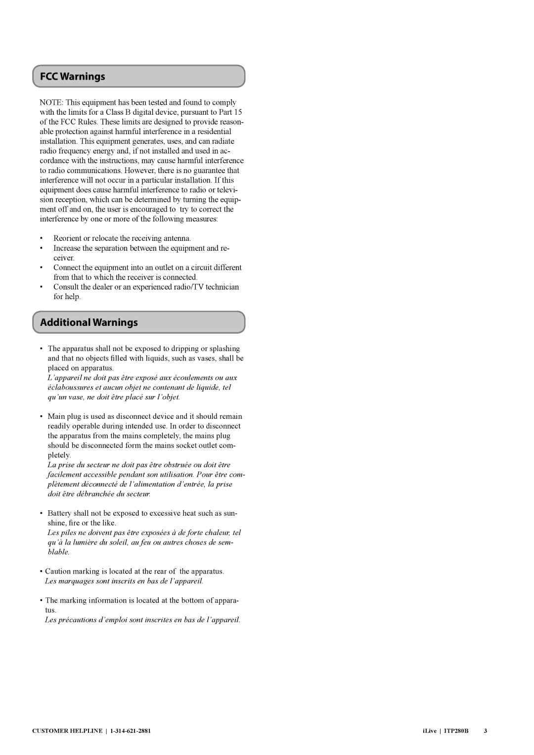 iLive ITP280B manual FCC Warnings, Additional Warnings 