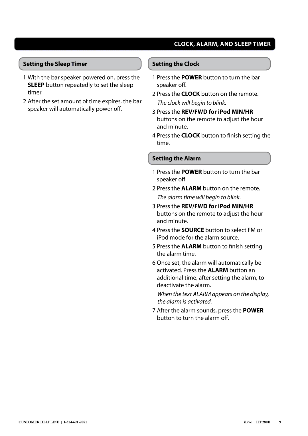 iLive ITP280B manual Setting the Sleep Timer, Setting the Clock, Setting the Alarm 