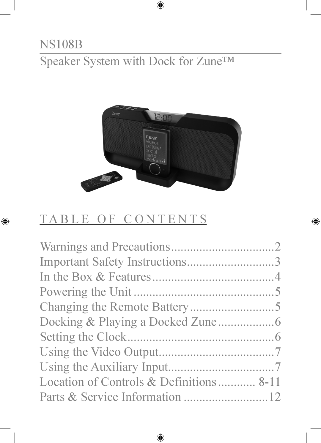 iLive important safety instructions NS108B Speaker System with Dock for Zune 