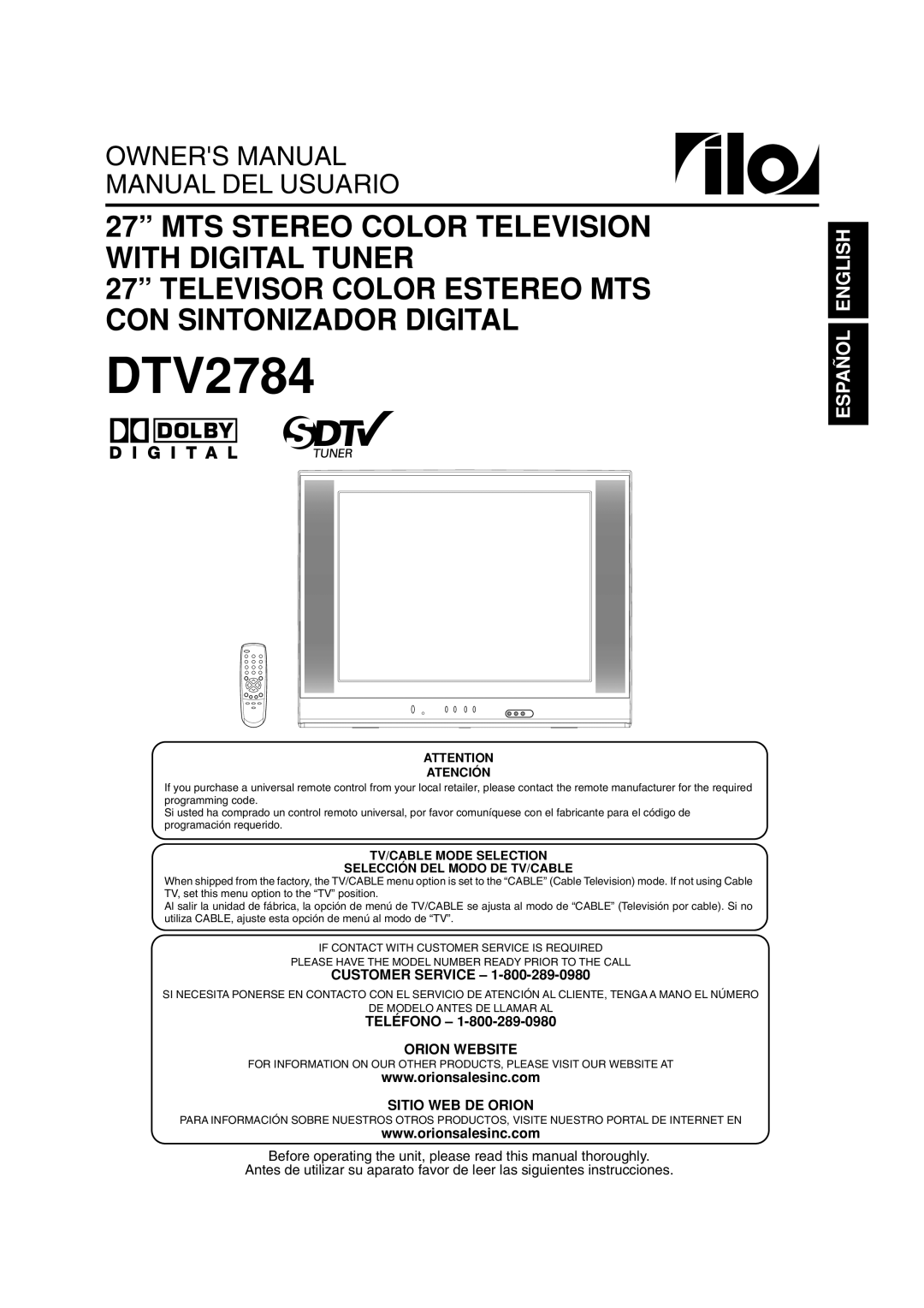 ILO DTV2784 owner manual Customer Service, Teléfono, Orion Website, Sitio WEB DE Orion 