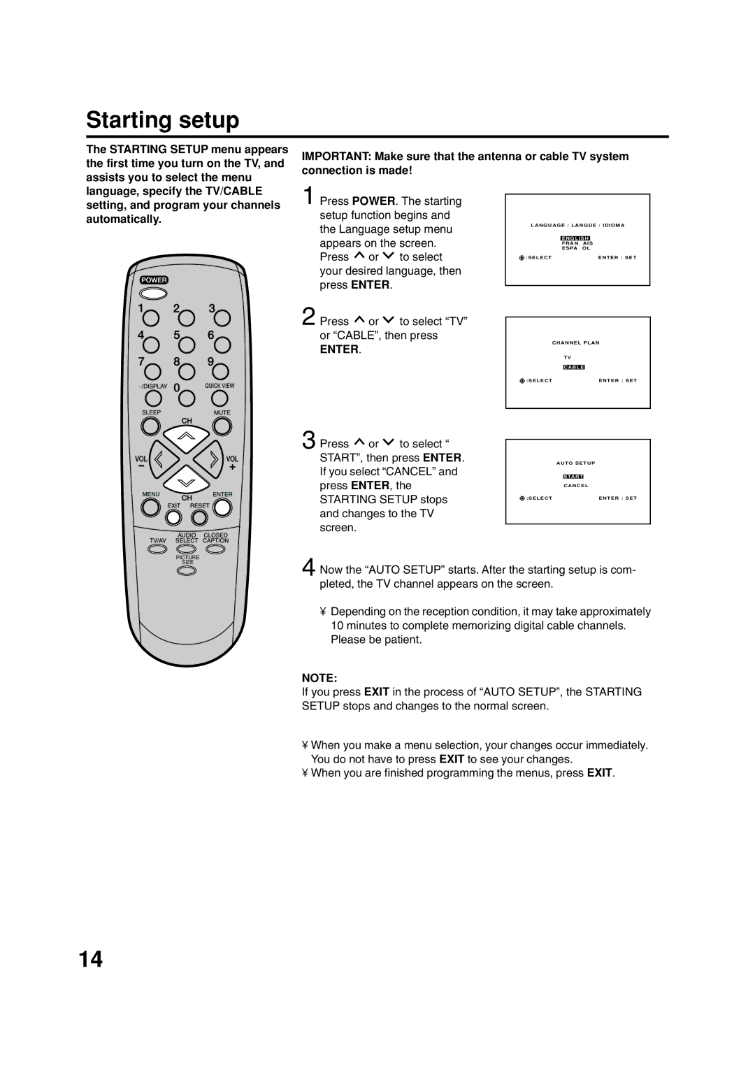 ILO DTV2784 owner manual Starting setup, Enter 