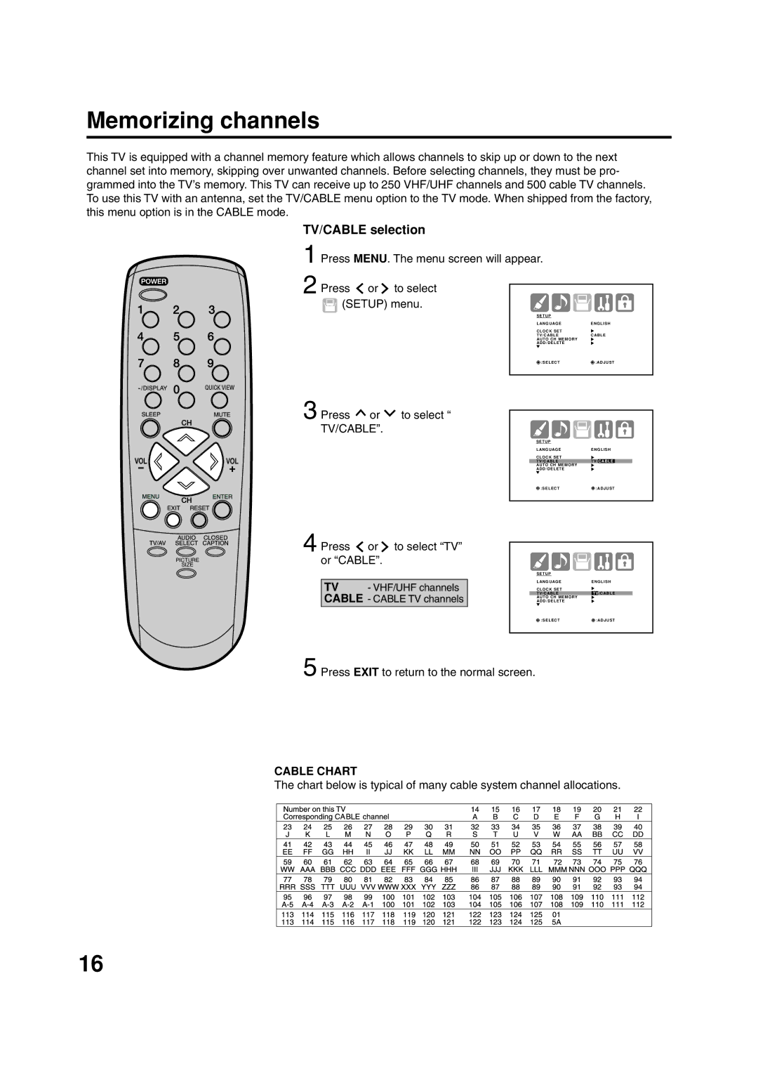 ILO DTV2784 Memorizing channels, TV/CABLE selection, Press or to select TV/CABLE, Press Or to select TV Or Cable 