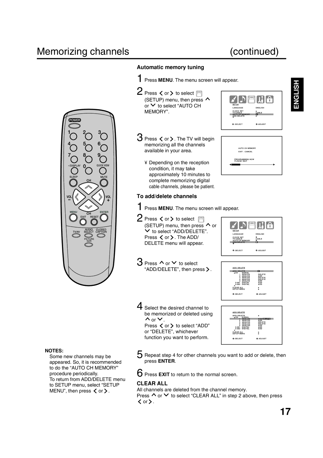 ILO DTV2784 owner manual Memorizing channels, Automatic memory tuning, To add/delete channels, Memory 