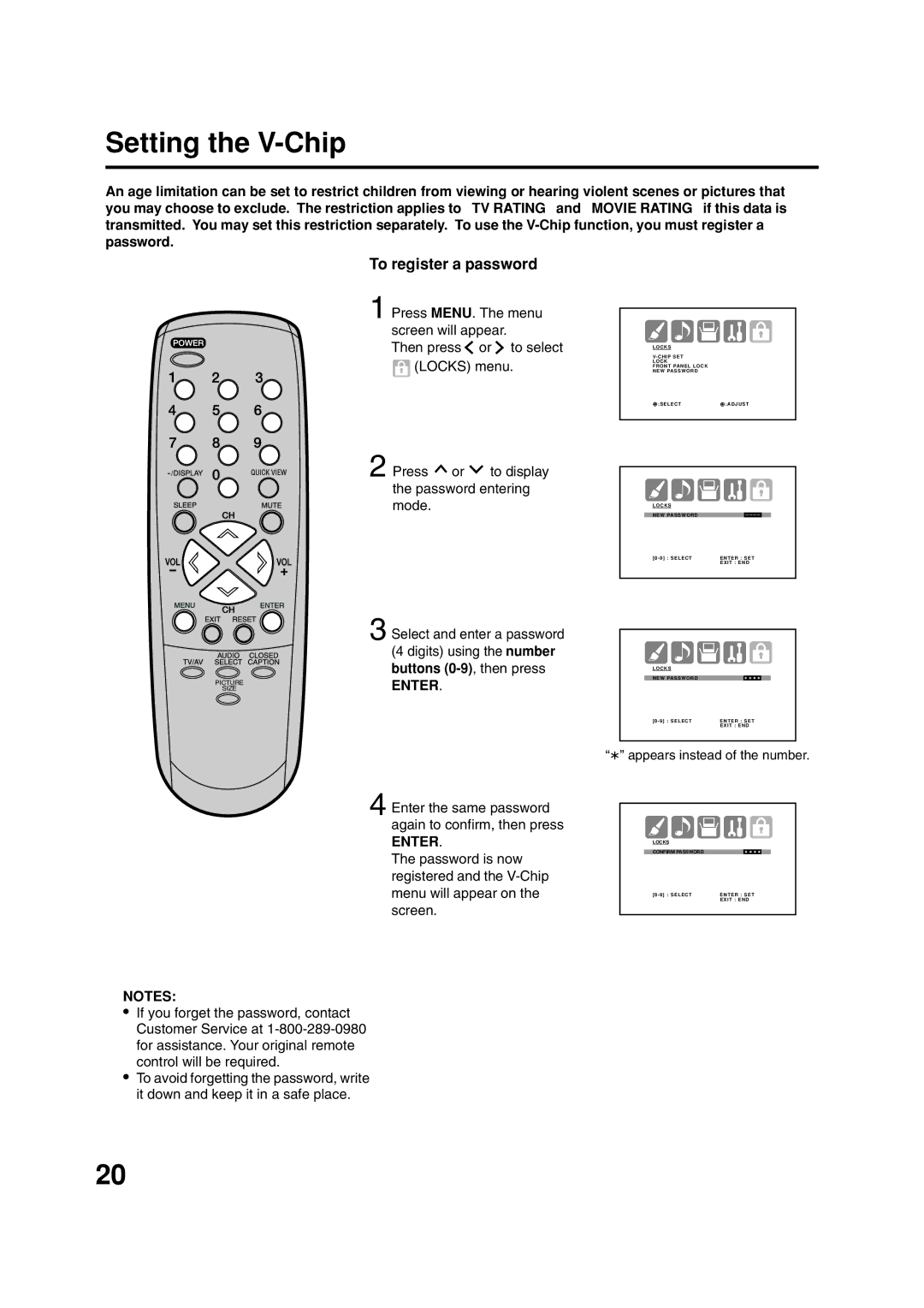 ILO DTV2784 owner manual Setting the V-Chip, To register a password, Enter the same password again to confirm, then press 