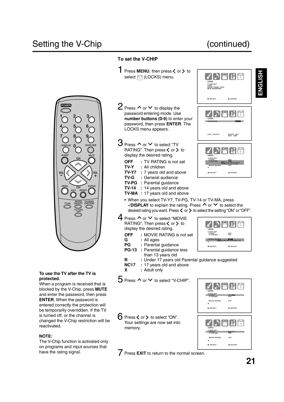 ILO DTV2784 owner manual Setting the V-Chip, To set the V-CHIP 