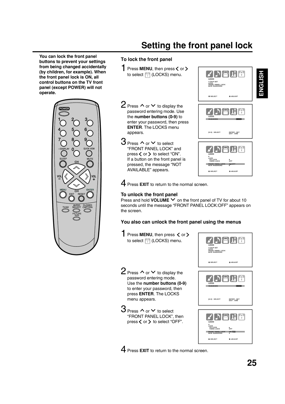 ILO DTV2784 Setting the front panel lock, To lock the front panel, To unlock the front panel, Number buttons 0-9 to 