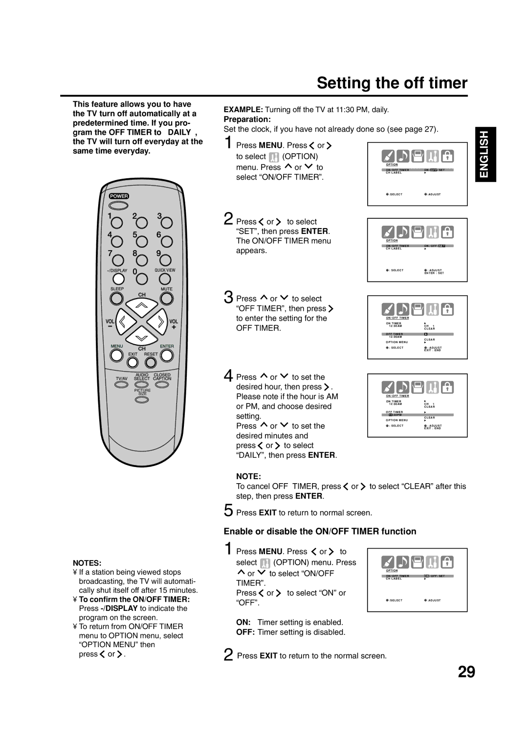 ILO DTV2784 owner manual Setting the off timer, Enable or disable the ON/OFF Timer function 