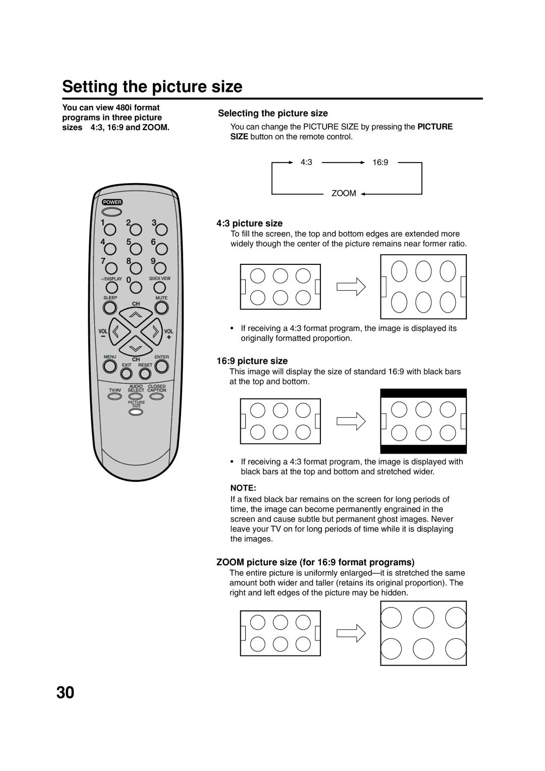 ILO DTV2784 Setting the picture size, Selecting the picture size, Picture size, Zoom picture size for 169 format programs 