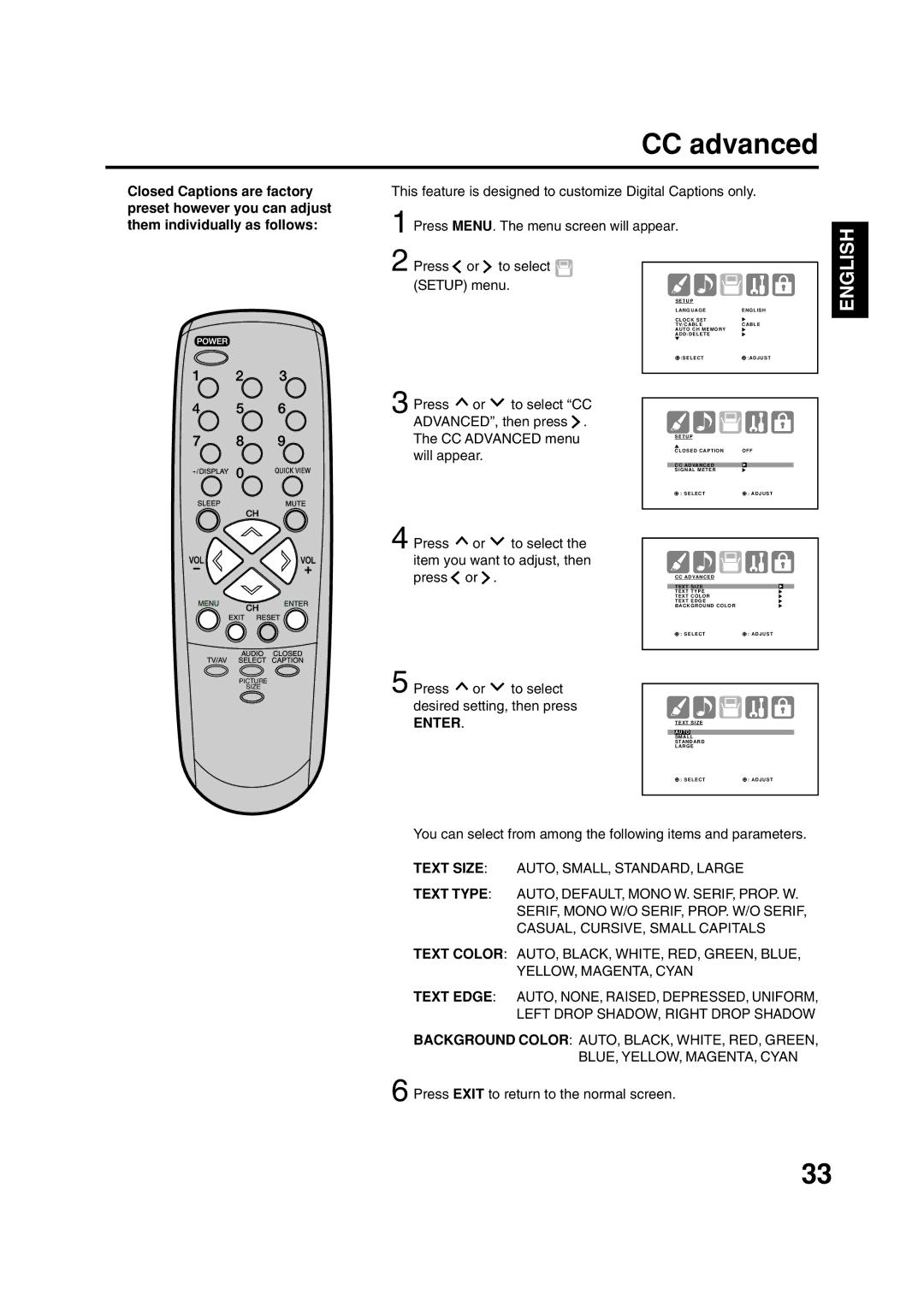 ILO DTV2784 owner manual CC advanced, This feature is designed to customize Digital Captions only, Will appear 