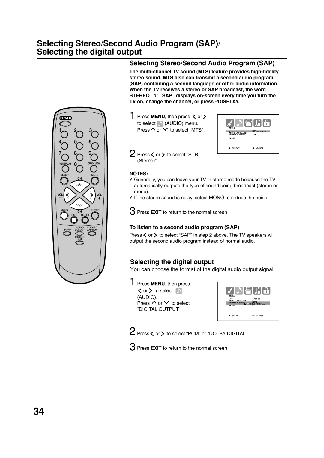 ILO DTV2784 owner manual To listen to a second audio program SAP, Audio, Press To select, Digital Output 