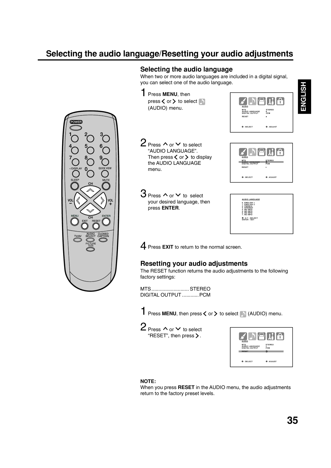 ILO DTV2784 owner manual Press MENU, then Press or to select Audio menu, Audio Language, MTS Stereo, Pcm 