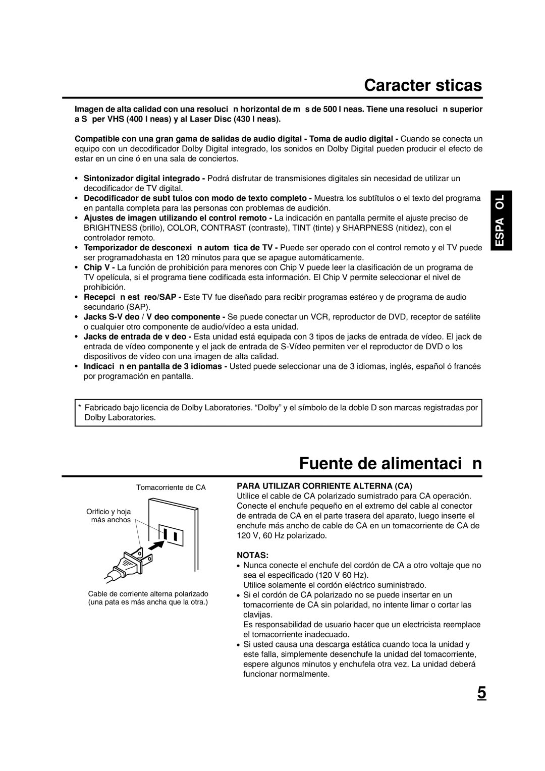 ILO DTV2784 owner manual Características, Fuente de alimentación, Para Utilizar Corriente Alterna CA, Notas 