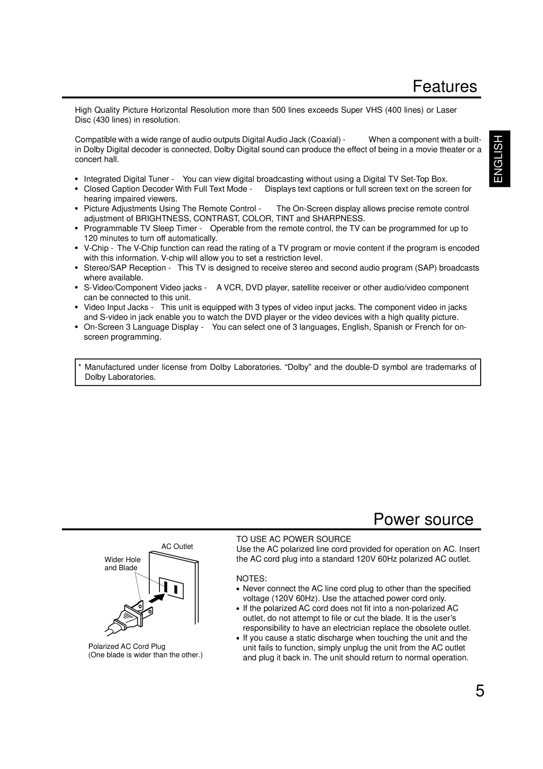 ILO DTV2784 owner manual Features, Power source, To USE AC Power Source 