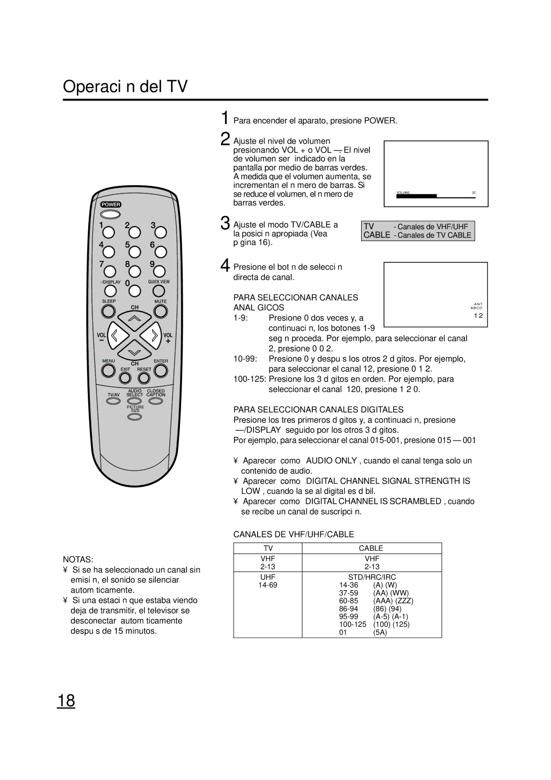 ILO DTV2784 owner manual Operaci-n del TV, Para Seleccionar Canales Digitales, Canales DE VHF/UHF/CABLE 