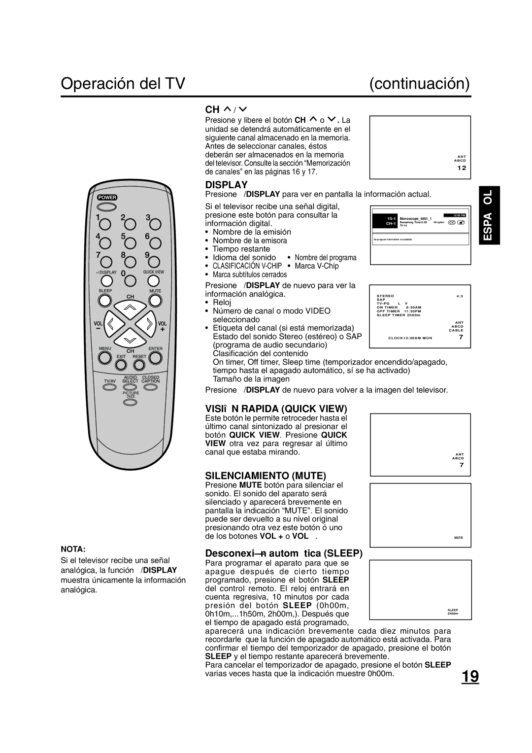 ILO DTV2784 owner manual Operación del TV Continuación 